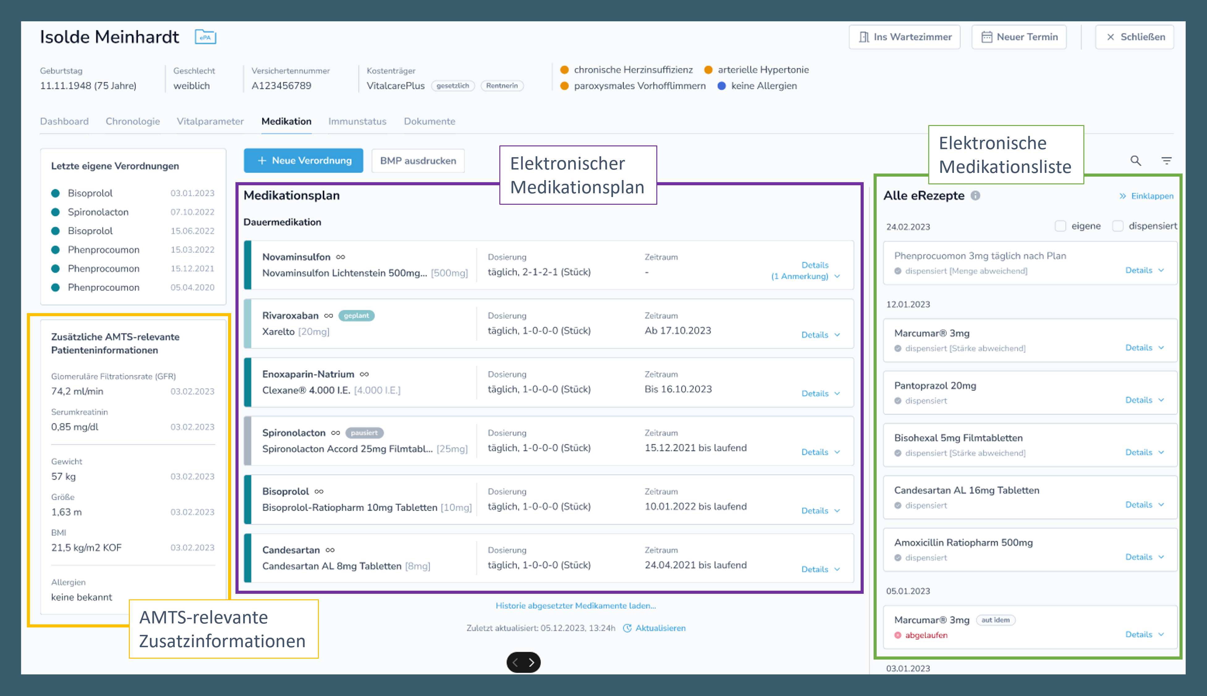 UX-Visualisierung einer native Umsetzung des dgMP in einem fiktiven Praxisverwaltungssystem